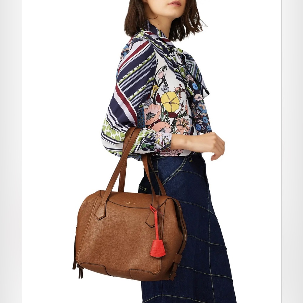 TORY BURCH LARGE PERRY SATCHEL IN MOOSE BROWN LEATHER DUST BAG INCLUDED